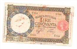 Italy 50 Lire 1938 "G-VG" RARE Banknote P 54b - 50 Lire