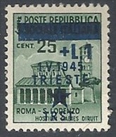 1945 OCCUPAZIONE JUGOSLAVA TRIESTE 1 LIRA SU 25 VARIETà MH * - RR11897 - Yugoslavian Occ.: Trieste