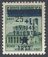 1945 OCCUPAZIONE JUGOSLAVA TRIESTE 1 LIRA SU 25 VARIETà MH * - RR11897 - Ocu. Yugoslava: Trieste