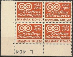 Denmark 1978. Fight Against Cancer. Michel 672, Plate-block MNH. - Unused Stamps