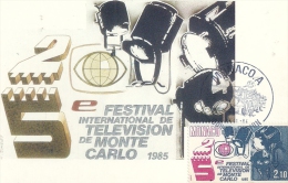 MONACO - 5ème Festival De Télévision De Monte Carlo 1985 -Timbre Et Tampon Jour D'émission - Cartas Máxima