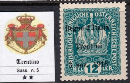 ITALIA - TRENTINO - Sass N. 5 - Cat. 1100 Euro - MNH** - GOMMA INTEGRA - Trentin