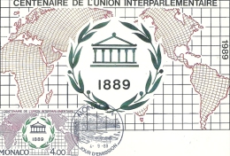 MONACO - Centenaire De L'Union Interparlementaire -Timbre Et Tampon Jour D'émission - Cartoline Maximum