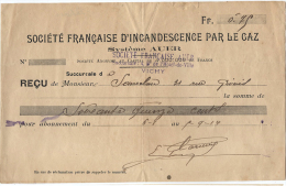 VICHY 1911 - SOCIETE FRANCAISE D´INCANDESCENCE PAR LE GAZ ( SYSTEME AUER )- RECU - Elettricità & Gas