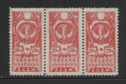 POLAND REVENUE 1919 PROVINCIAL ISSUE EASTERN POLAND 20K RED ZCZW PERF HORIZONTAL STRIP OF 3NO GUM BF#40 - Revenue Stamps