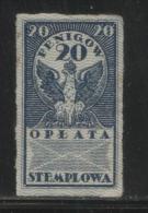 POLAND GENERAL DUTY REVENUE (OPLATA STEMPLOWA) 1920 IMPERF ISSUE 20F BLUE BF#002 - Steuermarken