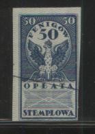 POLAND GENERAL DUTY REVENUE (OPLATA STEMPLOWA) 1920 IMPERF ISSUE 50F BLUE BF#004 - Revenue Stamps