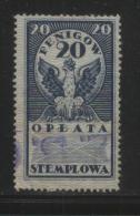 POLAND GENERAL DUTY REVENUE (OPLATA STEMPLOWA) 1920 PERF ISSUE 20F BLUE BF#013 - Steuermarken