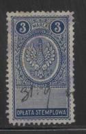 POLAND GENERAL DUTY REVENUE (OPLATA STEMPLOWA) 1921 EAGLE DESIGNS 3M BLUE PERF 10-12.5 BF#025A - Fiscali