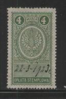 POLAND GENERAL DUTY REVENUE (OPLATA STEMPLOWA) 1921 EAGLE DESIGNS 4M GREEN PERF 13-14.5 BF#026B - Fiscale Zegels