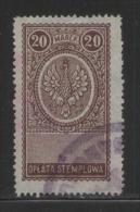 POLAND GENERAL DUTY REVENUE (OPLATA STEMPLOWA) 1921 EAGLE DESIGNS 20M PURPLE-BROWN PERF 13-14.5 BF#029B - Revenue Stamps