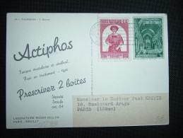 CP POUR FRANCE TP 8L + 4L OBL.MEC. 4 VI 1956 + LABORATOIRES ROGER BELLON - Storia Postale