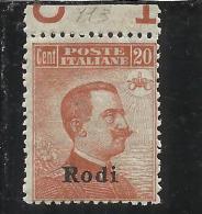 EGEO 1921 - 1922 RODI 20 CENT. CON FILIGRANA WATERMARK MNH - Aegean (Rodi)