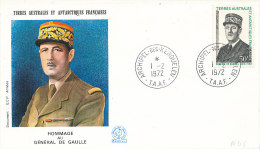 E 322/ TAAF  SUR  LETTRE   - 1ER JOUR   ARCHIPEL  KERGUELEN  HOMMAGE AU GENERAL DE GAULLE 1972 - FDC