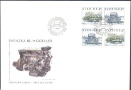 Sweden  1992 FDC Cover: Cars; 2x Volvo PV831, 2x Saab 92, Scania Diesel Motor Cachet - Lettres & Documents