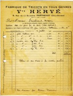 PARTHENAY  - Vve HERVE  - Fabrique De Tricots En Tous Genres. 9 Rue De La Saunerie. A4 - Textile & Vestimentaire
