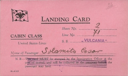 LANDING CARD . SS VULCANIA - Otros & Sin Clasificación