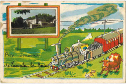 FANTAISIE  ILLUSTREE Par J De Preissac : " Bon Souvenir De Lamalou Les Bains "  Locomotive à Vapeur Train Vache Chien - Preissac