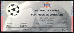 Football NK CROATIA ZAGREB Vs OLYMPIQUE DE MARSEILLE TICKET 22.09. 1999. UEFA CHAMPIONS LEAGUE - Tickets & Toegangskaarten
