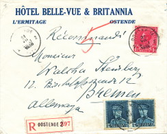 880/21 -  Lettre RECOMMANDEE TP Képi Et Col Fermé OOSTENDE 1936 Vers Allemagne - Entete Hotel Belle-Vue Et Britannia - 1931-1934 Képi