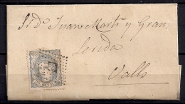 1870 LÉRIDA, ENVUELTA CIRCULADA, EDIFIL 107, 50 MILÉSIMAS, ROMBO DE PUNTOS, AL DORSO FECHADOR DE GRAUS - HUESCA - Cartas & Documentos