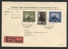 LIECHTENSTEIN,  SURCHARGED SET PAINTINGS 1954, ON COVER VF - Cartas & Documentos