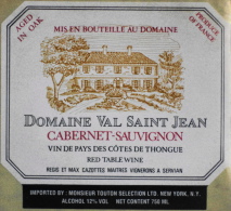 ETIQUETTE De VIN " CABERNET-SAUVIGNON " - DOMAINE VAL SAINT JEAN  CÔTES De THONGUE- Parfait état  - - Vin De Pays D'Oc