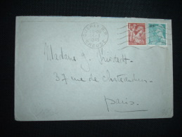 LETTRE TP IRIS 1F50 + MERCURE 50C SURCHARGE RF OBL.MEC. 14-3-1945 GUERET RP (23 CREUSE) - 1939-44 Iris