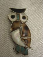 \""OWL\" SPECTACULAR NACRE & GEMSTONES STERLING SILVER PIN BROOCH - Broches