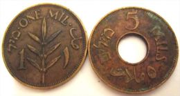 LOT OF 2 COINS: 1 MIL 1939 & 5 MILS 1944. ISRAEL, PALESTINE, VINTAGE COINS - Israël