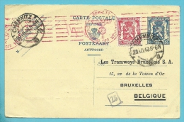 423 Op Entier (antwoord), Duitse Stempel CHEMNITZ 29/10/43, Naar "Tramways Bruxelloise" ,verso REPIQUAGE :Colis+censuur - Postkarten 1934-1951