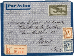 LBL23-  INDOCHINE EP ENV.  AERIENNE 66c + TPM RECOMMANDEE TOURANE / PARIS  15/10/1936 - Airmail