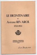Bagnols-sur-Cèze, Le Bicentenaire De Antoine Rivarol, 1753 - 1953, 20 Décembre 1953, E. Richard, Numéroté, + Programme - Languedoc-Roussillon