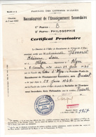 Faculté De Lettres D'Alger - 1947 - Baccalauréat De L'enseignement Secondaire - Certificat Provisoire (Philosophie) - Diplômes & Bulletins Scolaires