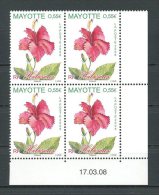 MAYOTTE 2008  N° 214 ** Bloc De 4 Coin Daté Neuf = MNH Superbe Fleurs Flowers Flore Flora  L'hibiscus - Nuovi