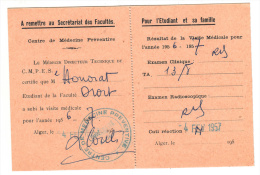 Université D'Alger - Centre De Médecine Préventive - Carte De Visite Médicale - 1957 - Diploma & School Reports