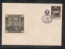 AUSTRALIA 1986 STAMPEX PHILATELIC EXPO POSTAL HISTORY & STATIONERY DAY 6 AUG COMM COVER THOMAS GILBERT CINDERELLA STAMP - Werbemarken, Vignetten