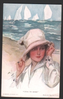 CPA Illustrée FISHER Harrison - CLOSE TO SHORE - Jeune Femme En Chapeau, Mer, Voiliers - Fisher, Harrison