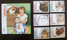 BENIN CHATS  Serie Complete Oblitérée + Bloc Feuillet Emis En 1995. Satisfaction Assurée - Domestic Cats