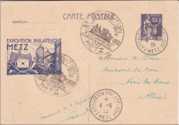 PAIX - 1938 - CARTE ENTIER POSTAL Avec REPIQUAGE PRIVE De L'EXPO PHILATELIQUE De METZ (MOSELLE) - BUREAU TEMPORAIRE - AK Mit Aufdruck (vor 1995)