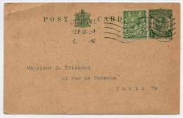 DOLPHIN Dauphin Delfin  ENGLAND Stamp Added On Postal Stationery Sept 18 1913 For Correct Postage To France - Dolphins