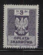 POLAND GENERAL DUTY REVENUE (OPLATA SKARBOWA) 1953 ENGRAVED EAGLE ON SHIELD WITHOUT IMPRINT 3ZL VIOLET USED BF#166 - Fiscaux