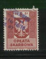 POLAND GENERAL DUTY REVENUE (OPLATA SKARBOWA) 1959 ENGRAVED EAGLE ON SHIELD WITH IMPRINT 6ZL RED USED BF#180 - Steuermarken