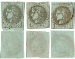 Emission Bordeaux N° 39 - 3 Ex. Olive : Etat 2  R 2 Olive (papier Vert-bleu)/Etat 2  R 3 Clair/R 3 Bronze (doré ?) - 1870 Emission De Bordeaux