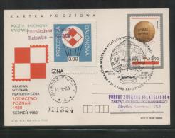 POLAND 1980 POZNAN 1980 AIRCRAFT PHILATELIC EXPO KATOWICE BALLOON FLOWN POSTCARD CINDERELLA BALLOONS OGRODZENIEC (A) - Balloons