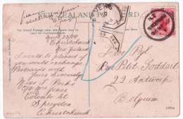 Carte Affr. NEW ZELAND 1p Rouge De SYDENIAM/1899 Pour Anvers + étiquette Gommée "parvenue Déchirée à Anvers" - Other & Unclassified