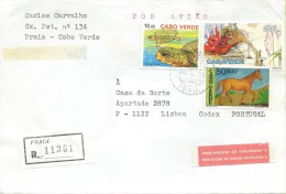 STAMPS - TIMBRES - REGISTERED LETTER - CAPE VERDE TO PORTUGAL - FAUNA (HORSE AND TURTLE) - FLORA (SUGAR CANE) - Kap Verde