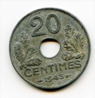 **A VOIR** 20 Centimes Zinc Type Légère "Lindauer" 1943  TB/TTB - 20 Centimes