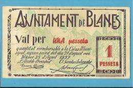 BLANES - 1 PESSETA - 25.08.1937 - SPAIN - CIVIL WAR - EMERGENCY PAPER MONEY - NOTGELD - Andere & Zonder Classificatie