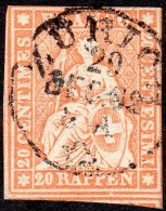 Switzerland   1858  Streubel  3rd Berne Printing   20r Orange  Thick Paper    Used - Gebraucht